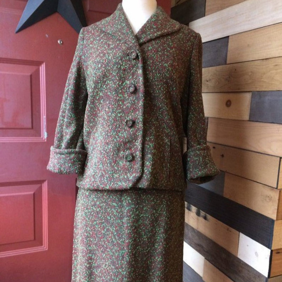 Vintage 2 PC. Tweed Suit, Red, Green, Black - Picture 2 of 8
